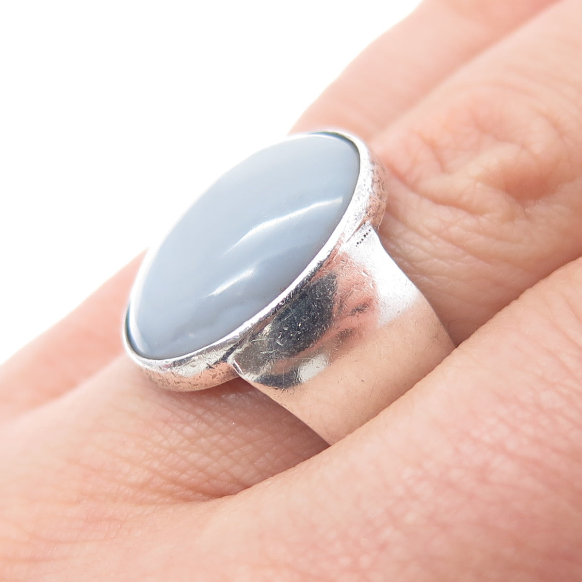 925 Sterling Silver Vintage Mexico Real Lace Agate Modernist Ring Size 7