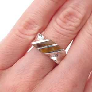 925 Sterling Silver Vintage Mexico Real Tiger Eye Modernist Oxidized Ring Size 6
