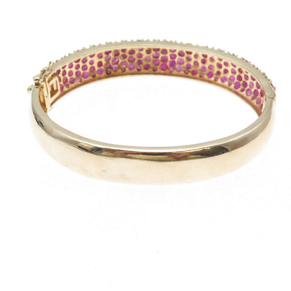 925 Sterling Silver Gold Plated Real Round-Cut Ruby Bangle Bracelet 7.25"