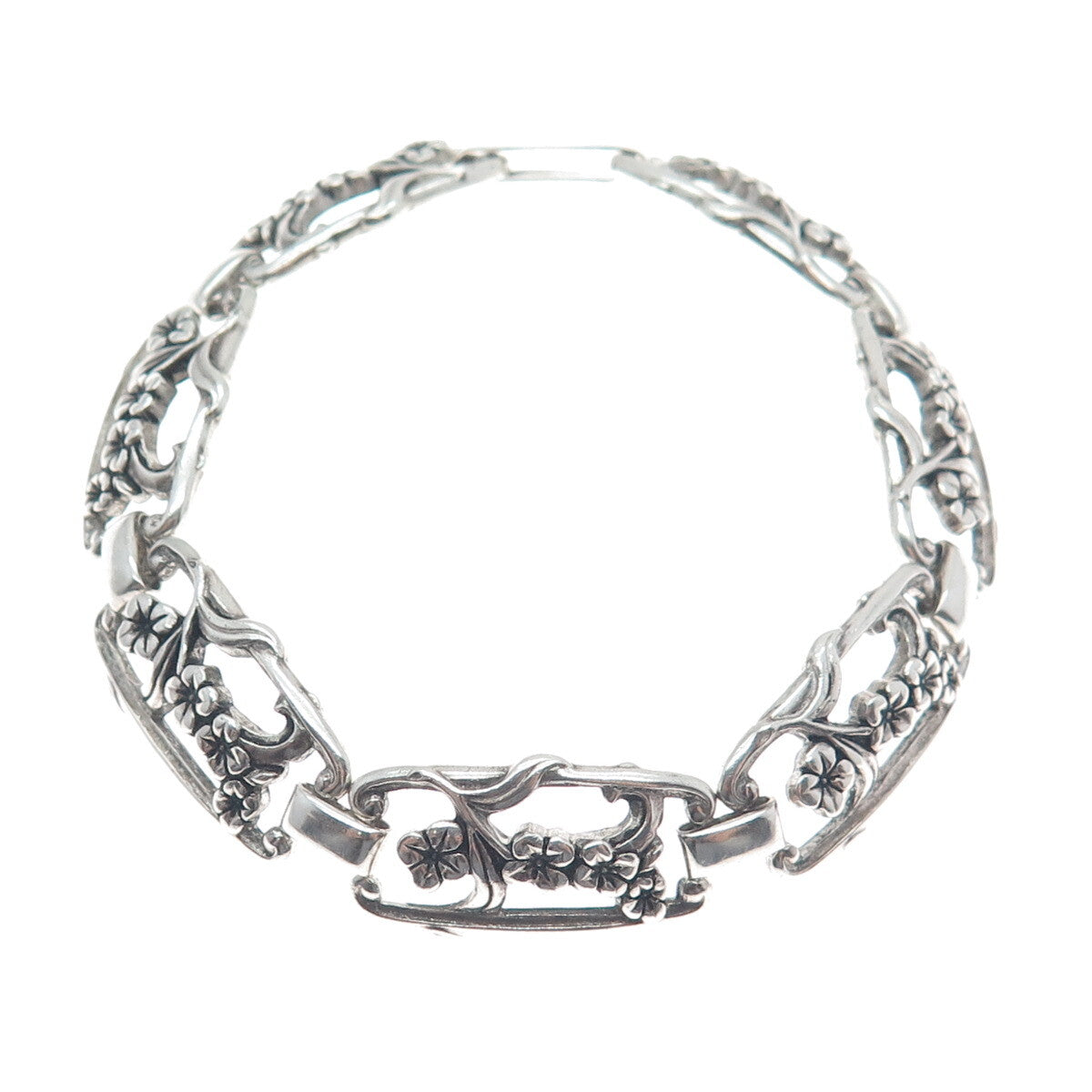 WELLS Sterling Silver Antique Art Deco Cherry Blossom Panel Link Bracelet 7.5"