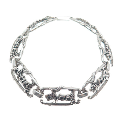 WELLS Sterling Silver Antique Art Deco Cherry Blossom Panel Link Bracelet 7.5"