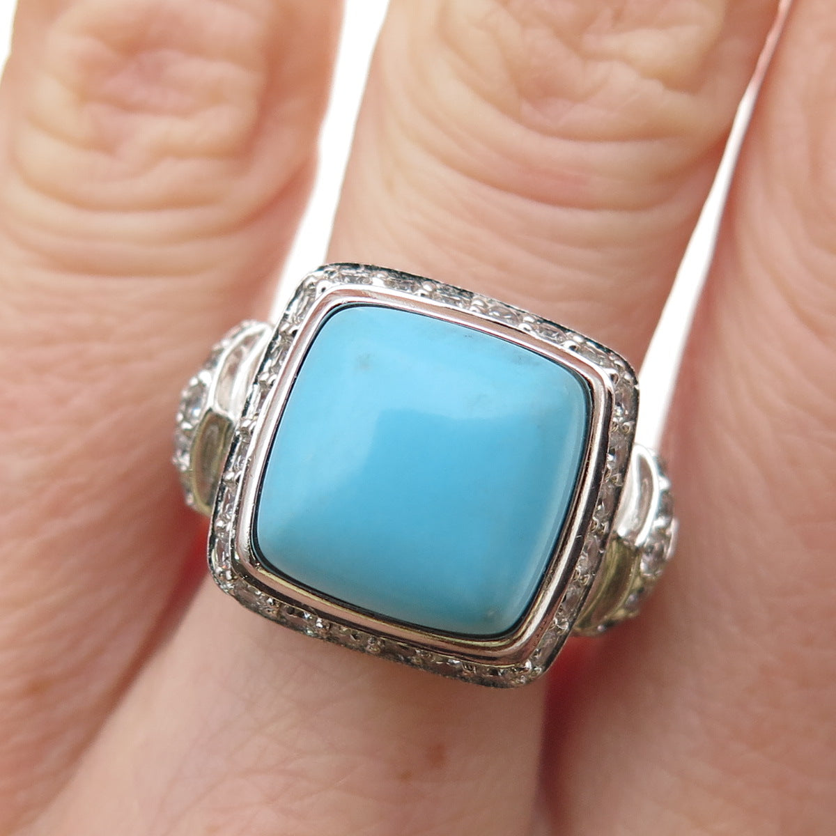 925 Sterling Silver Real Turquoise & Round-Cut C Z Ring Size 8