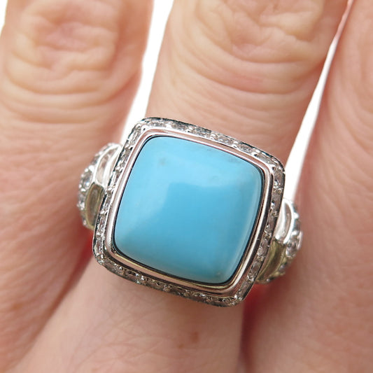 925 Sterling Silver Real Turquoise & Round-Cut C Z Ring Size 8