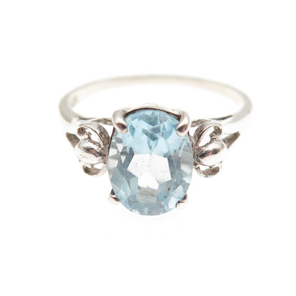 925 Sterling Silver Vintage Real Oval-Cut Blue Topaz Ring Size 6.5