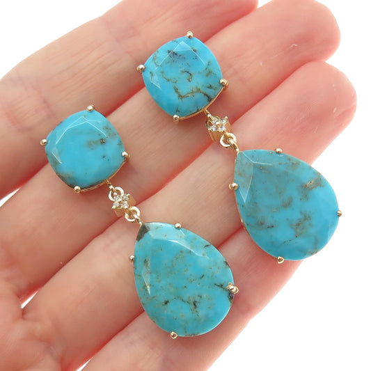 925 Sterling Silver Gold Plated Real Diamond & Lone Mountain Turquoise Earrings