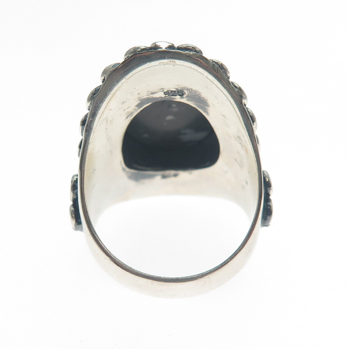 925 Sterling Silver Vintage Snowflake Obsidian Circle Link Oxidized Ring Size 9