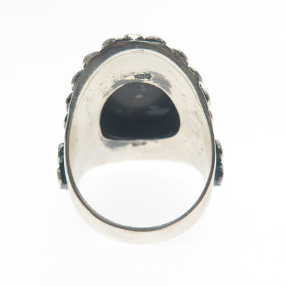 925 Sterling Silver Vintage Snowflake Obsidian Circle Link Oxidized Ring Size 9