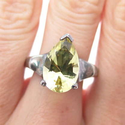 925 Sterling Silver Vintage Real Lime Citrine Teardrop Oxidized Ring Size 9