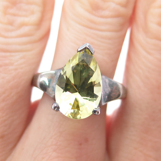 925 Sterling Silver Vintage Real Lime Citrine Teardrop Oxidized Ring Size 9