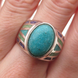 Coleman Co. 925 Sterling Vintage Real Turquoise & Sugilite Inlay Ring Size 9.25