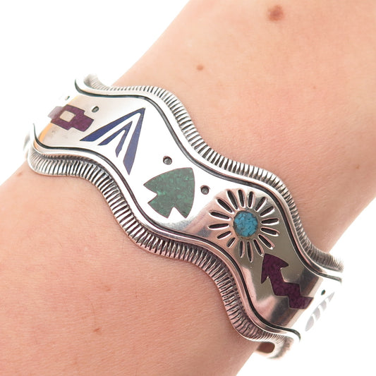 CAROLYN POLLACK Old Pawn Sterling Vintage Multi-Gem Inlay Adjustable Bracelet 6"