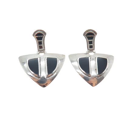 925 Sterling Silver Vintage Real Black Onyx Modernist Arrow Dangle Earrings