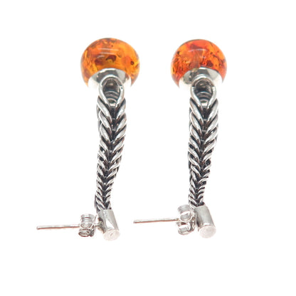 925 Sterling Silver Vintage Poland Real Amber Modernist Drop Dangle Earrings