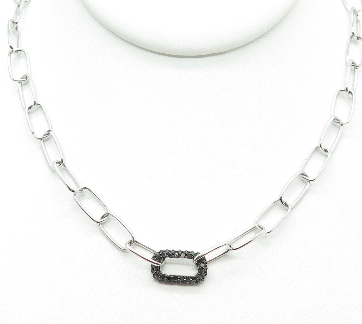 925 Sterling Silver Real Round-Cut Black Diamond Paperclip Chain Necklace 17-18"