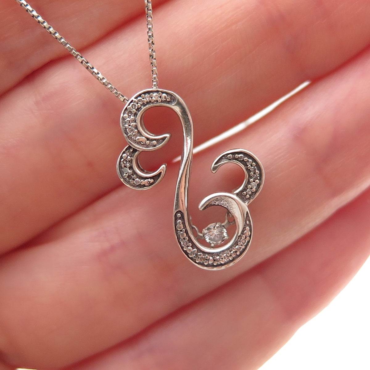 Jane Seymour 925 Sterling Silver Real Diamond Open Heart Box Chain Necklace 18"