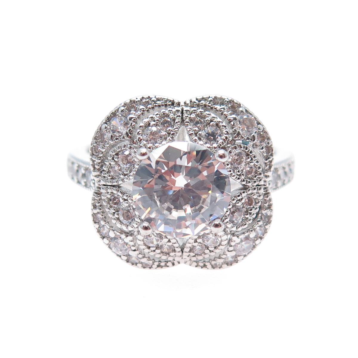 925 Sterling Silver Round-Cut C Z Flower Ring Size 9.5