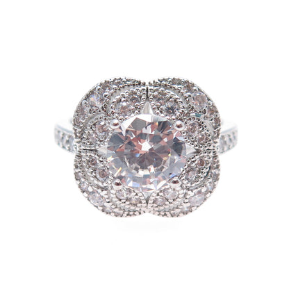 925 Sterling Silver Round-Cut C Z Flower Ring Size 9.5