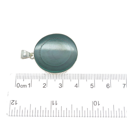 925 Sterling Silver Vintage Real Malachite Modernist Round Charm Pendant