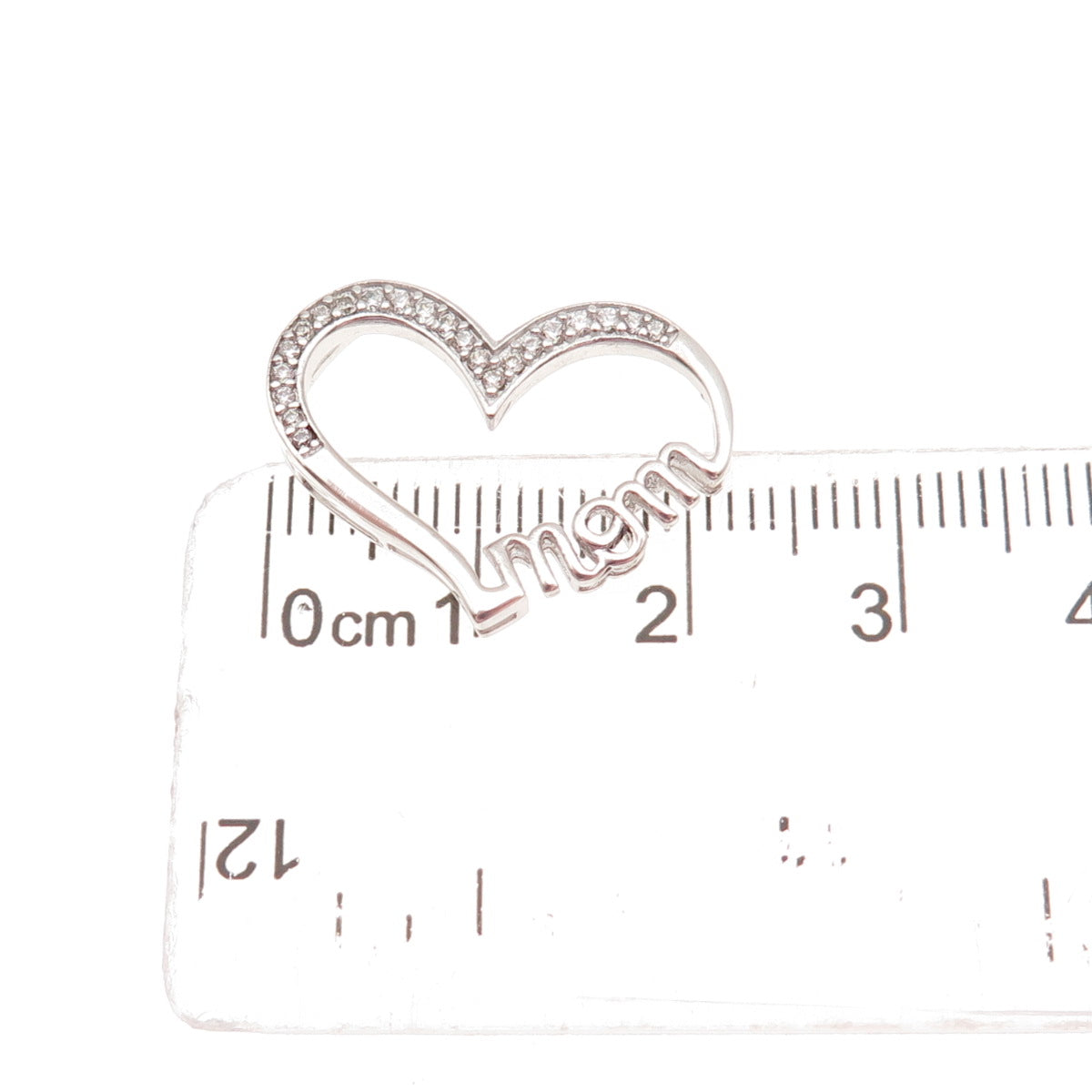 925 Sterling Silver Round-Cut C Z Mom Heart Mini Slide Charm Pendant