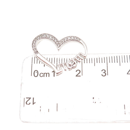 925 Sterling Silver Round-Cut C Z Mom Heart Mini Slide Charm Pendant