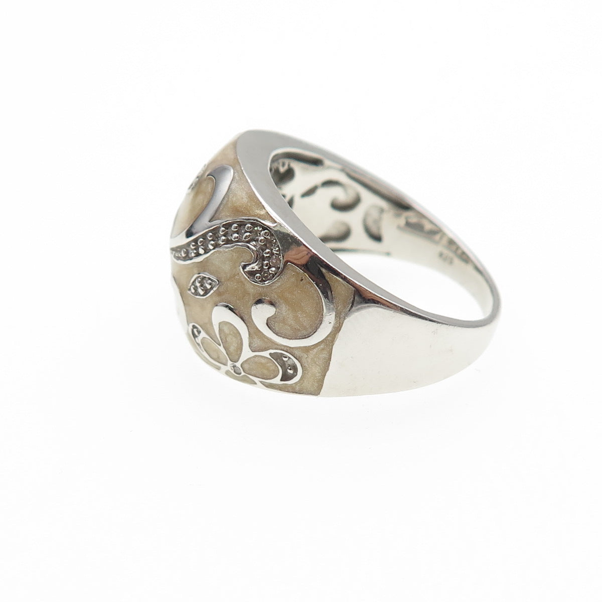 JANE SEYMOUR 925 Sterling Silver Enamel Real Diamond Flower Ring Size 8.25