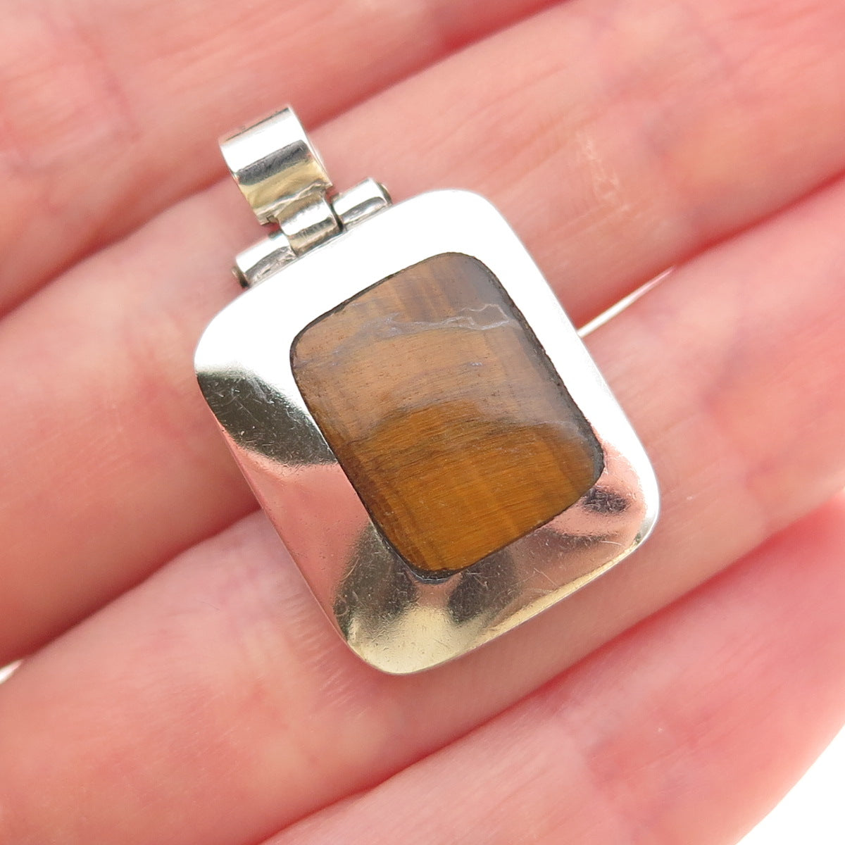 925 Sterling Silver Vintage Mexico Real Tiger Eye Modernist Charm Pendant #67