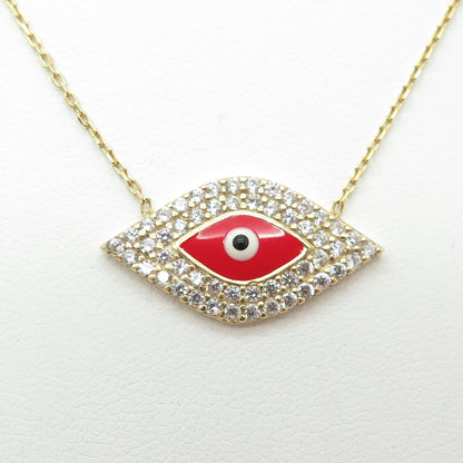 925 Sterling Silver Gold Plated Enamel & C Z Evil's Eye Chain Necklace 14-16"