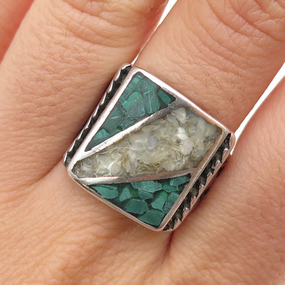 Old Pawn Sterling Silver Vintage Southwestern Malachite MOP Inlay Ring Size 10.5