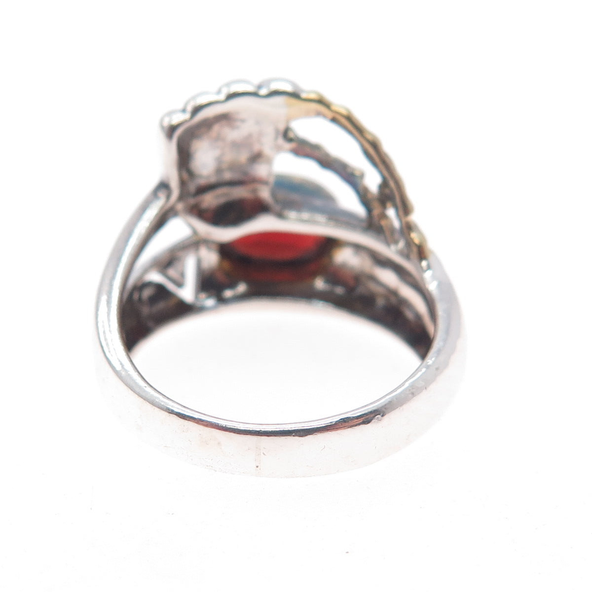 925 Sterling Silver 2-Tone Vintage Real Red Garnet Modernist Ring Size 5.75