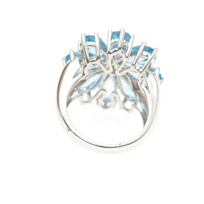 925 Sterling Silver Real Diamond & Blue Topaz Floral Ring Size 7.25