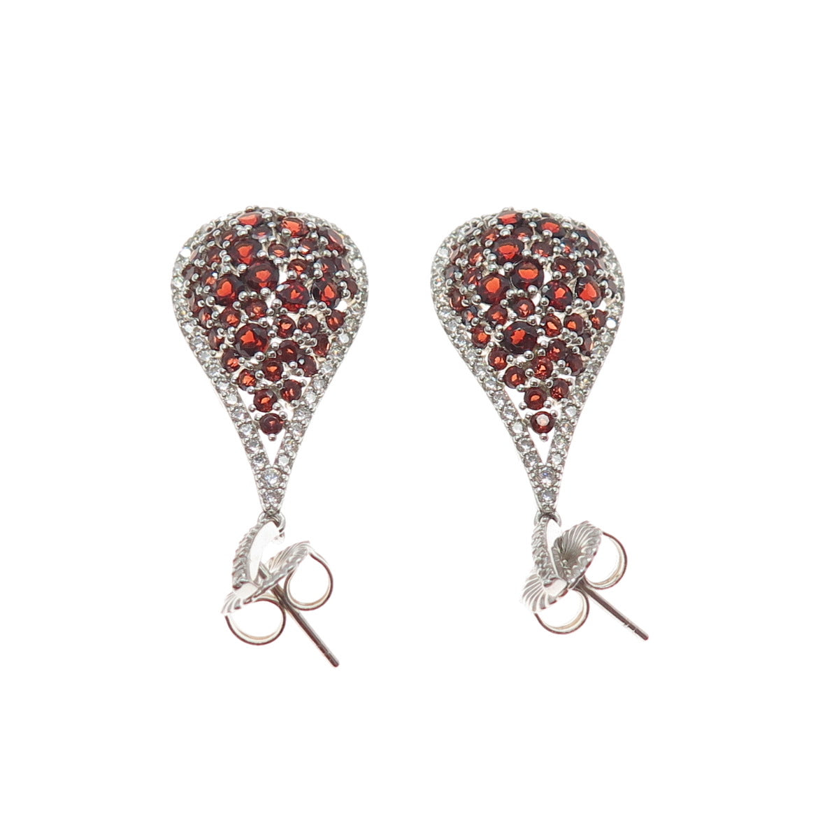 925 Sterling Silver Real Red Garnet & C Z Cluster Teardrop Dangle Earrings
