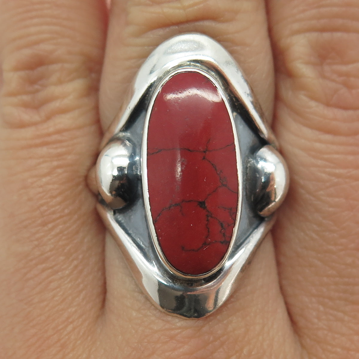 925 Sterling Silver Vintage Mexico Real Red Turquoise Gem Tribal Ring Size 8.25