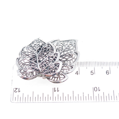 BEAU 925 Sterling Silver Vintage Floral Leaf Filigree Oxidized Pin Brooch