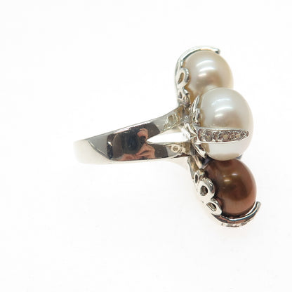 GSJ GOLD STONE 925 Sterling Silver Vintage Real Pearl White Topaz Ring Size 7.25