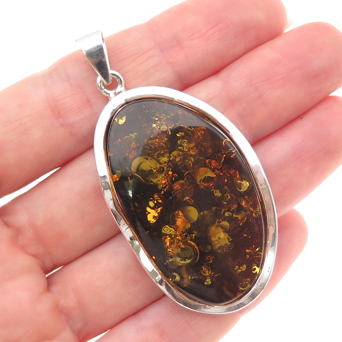 925 Sterling Silver Vintage Poland Real Amber Modernist Pendant