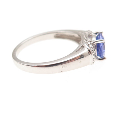 925 Sterling Silver Real Round-Cut Tanzanite & White Topaz Ring Size 8