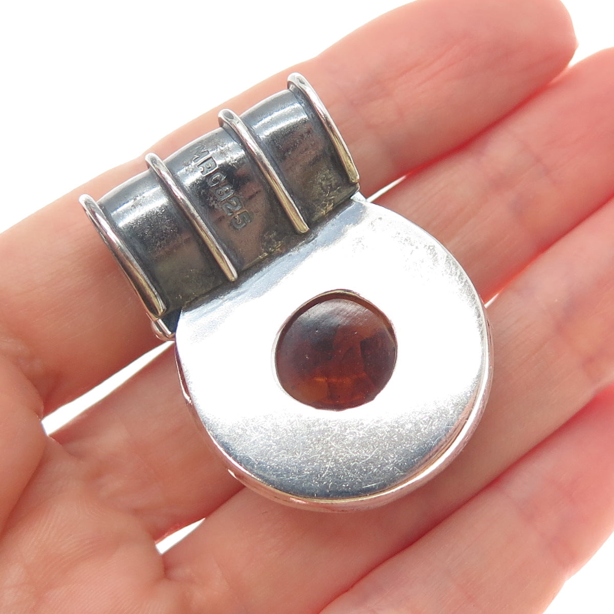 925 Sterling Silver Vintage MAC Artisan Real Amber Oxidized Slide Charm Pendant