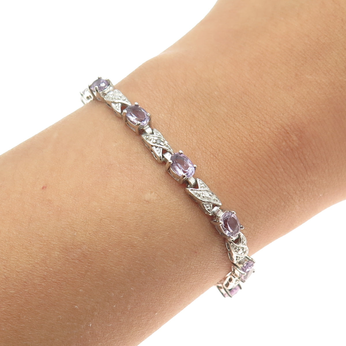 925 Sterling Silver Real Diamond Accent & Amethyst Gem Tennis Link Bracelet 7"