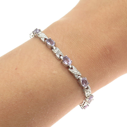 925 Sterling Silver Real Diamond Accent & Amethyst Gem Tennis Link Bracelet 7"