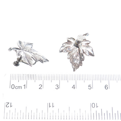 925 Sterling Silver Antique Art Deco Maple Leaf Oxidized Screw Back Earrings