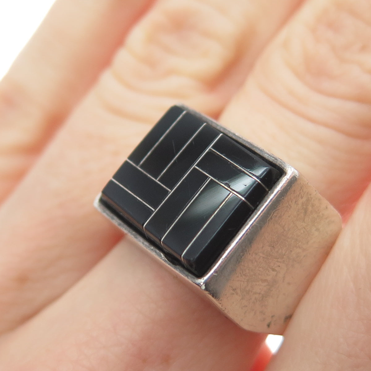 CECILIA TONO 925 Sterling Silver Vintage Mexico Real Black Onyx Ring Size 8.75