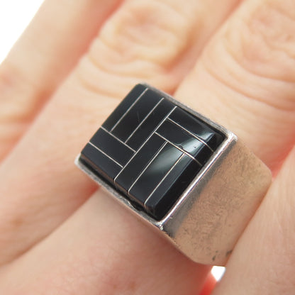CECILIA TONO 925 Sterling Silver Vintage Mexico Real Black Onyx Ring Size 8.75