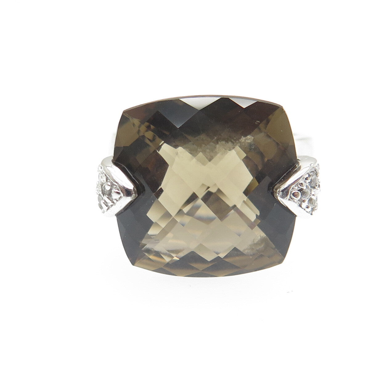 925 Sterling Silver Checkered Smoky & White C Z Ring Size 7.25