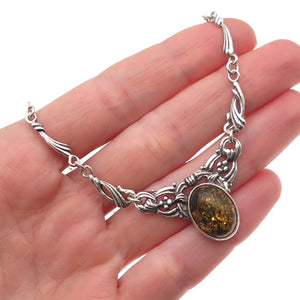 Valerio V-8 Sterling Silver Vintage Poland Real Amber Floral Chain Necklace 20"