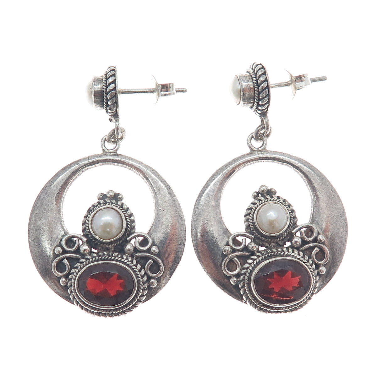 925 Sterling Silver Vintage Real Pearl & Red Garnet Crescent Dangle Earrings