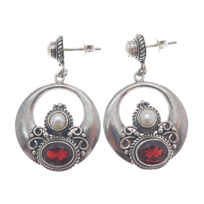 925 Sterling Silver Vintage Real Pearl & Red Garnet Crescent Dangle Earrings