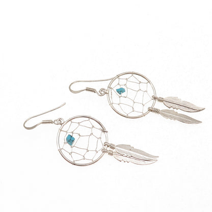 Old Pawn 925 Sterling Silver Vintage Turquoise Dreamcatcher Dangle Earrings