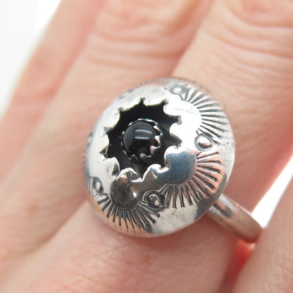 Old Pawn Sterling Silver Black Onyx Snake Eye Shadow Box Tribal Ring Size 7.25