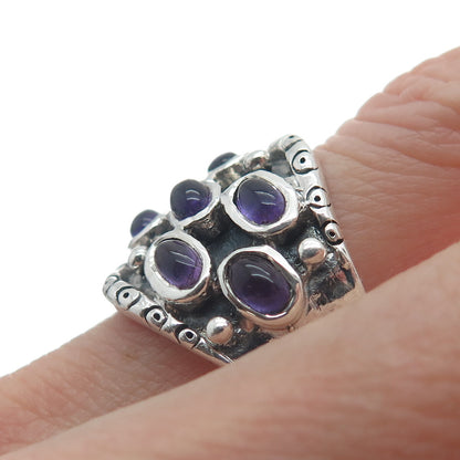 925 Sterling Silver Vintage Real Amethyst Modernist Oxidized Ring Size 9.25