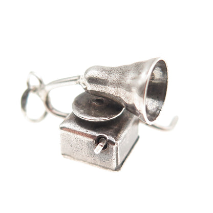 925 Sterling Silver Antique Art Deco Gramophone Oxidized 3D Mini Charm Pendant